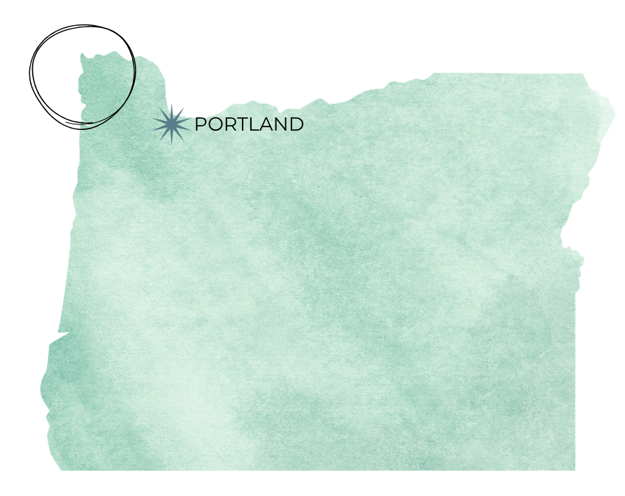 Watercolor map of Oregon state highlighting Portland's location in the northwest corner with a decorative star marker.
