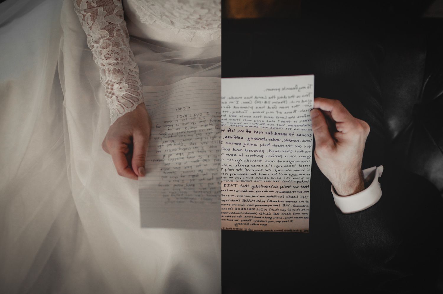 Split image of bride and groom each holding a handwritten letter on their wedding day.