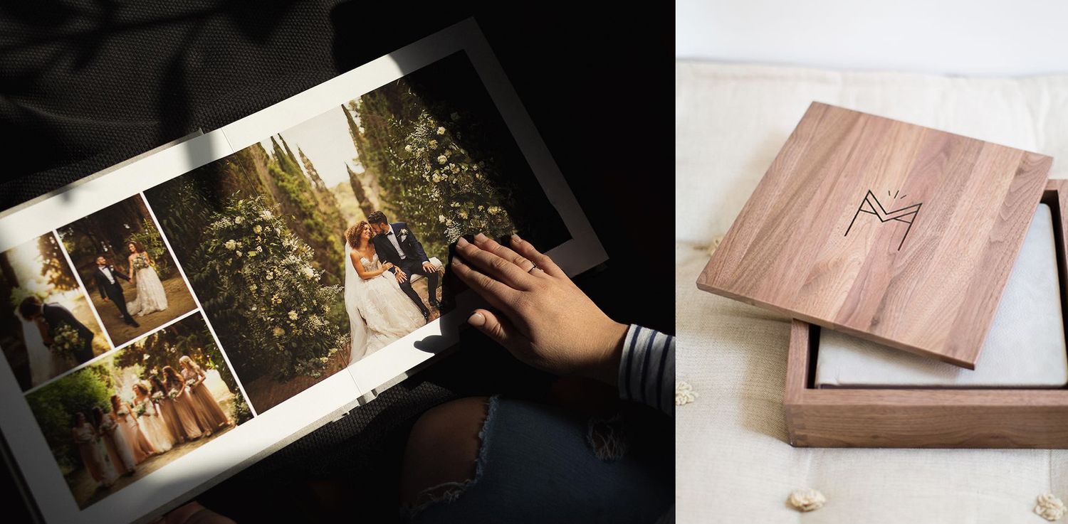 Person browsing a wedding photo album with vibrant ceremony images beside an elegant wooden keepsake box with monogram.