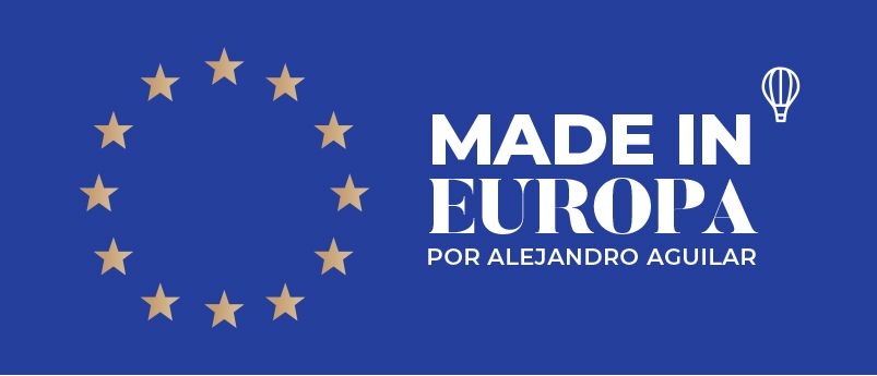 Made in Europa por Alejandro Aguilar logo with EU stars flag on blue background.