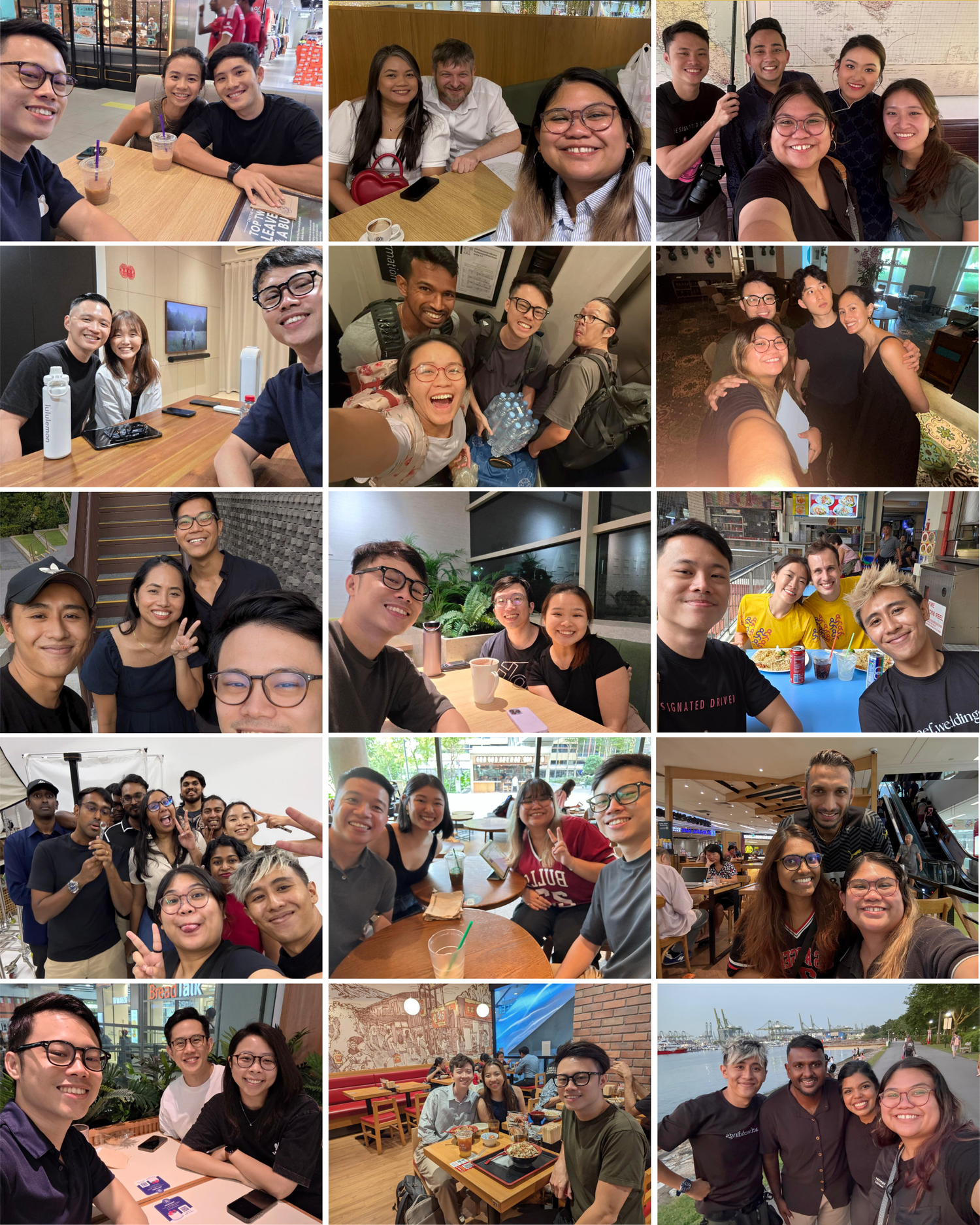 Concept meetups with clients - Collage of casual group photos showing friends gathering at various restaurants and locations. Singapore