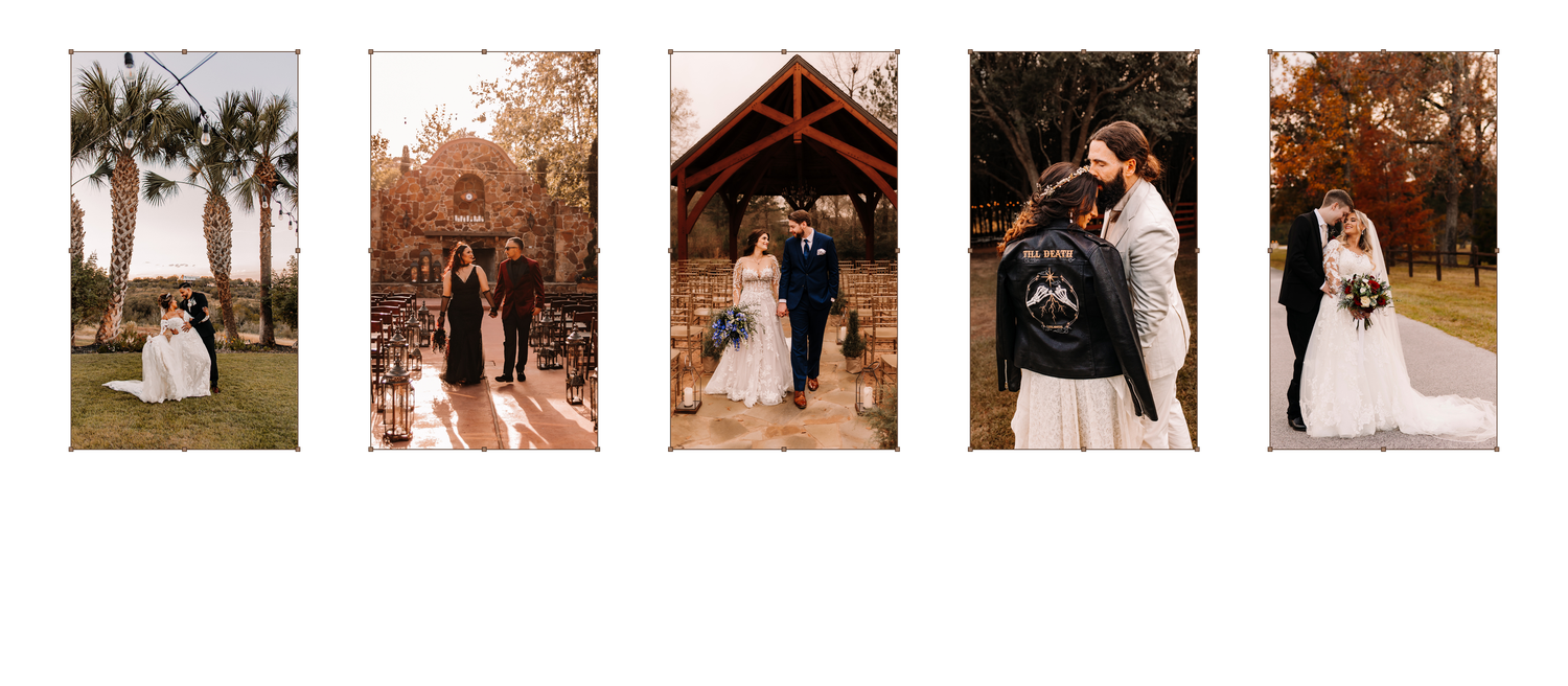 Five wedding ceremony photos showcasing outdoor venues with autumn foliage, bridal parties, and elegant white gowns.