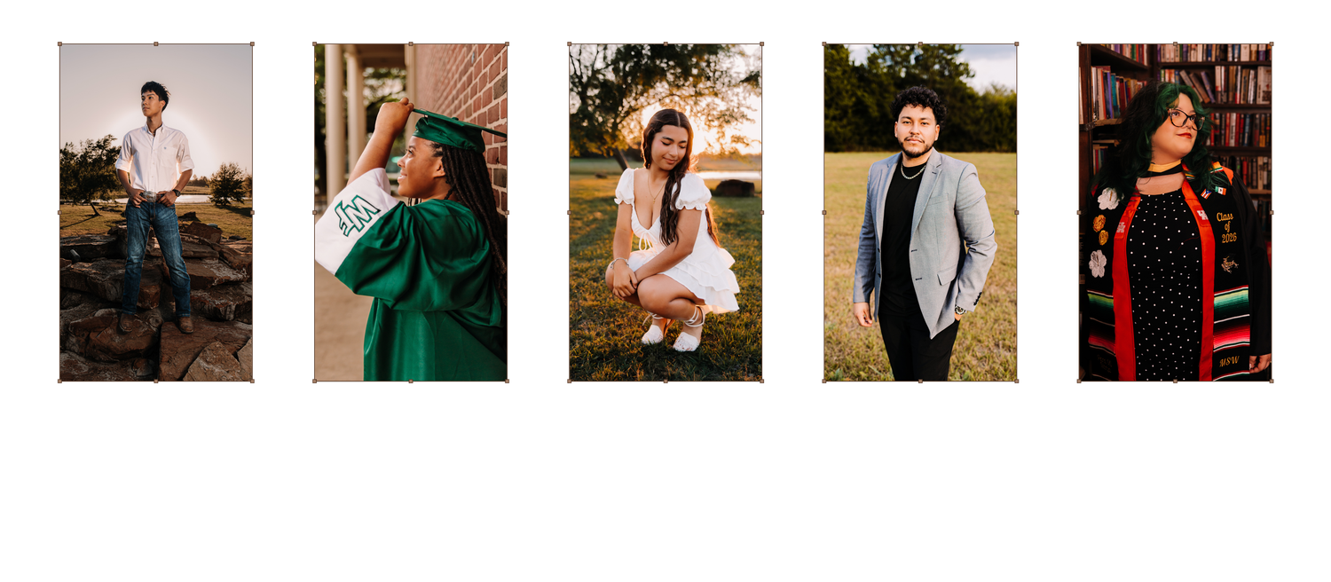 Five graduation portraits of students posing outdoors and indoors, wearing caps, gowns, and formal attire.