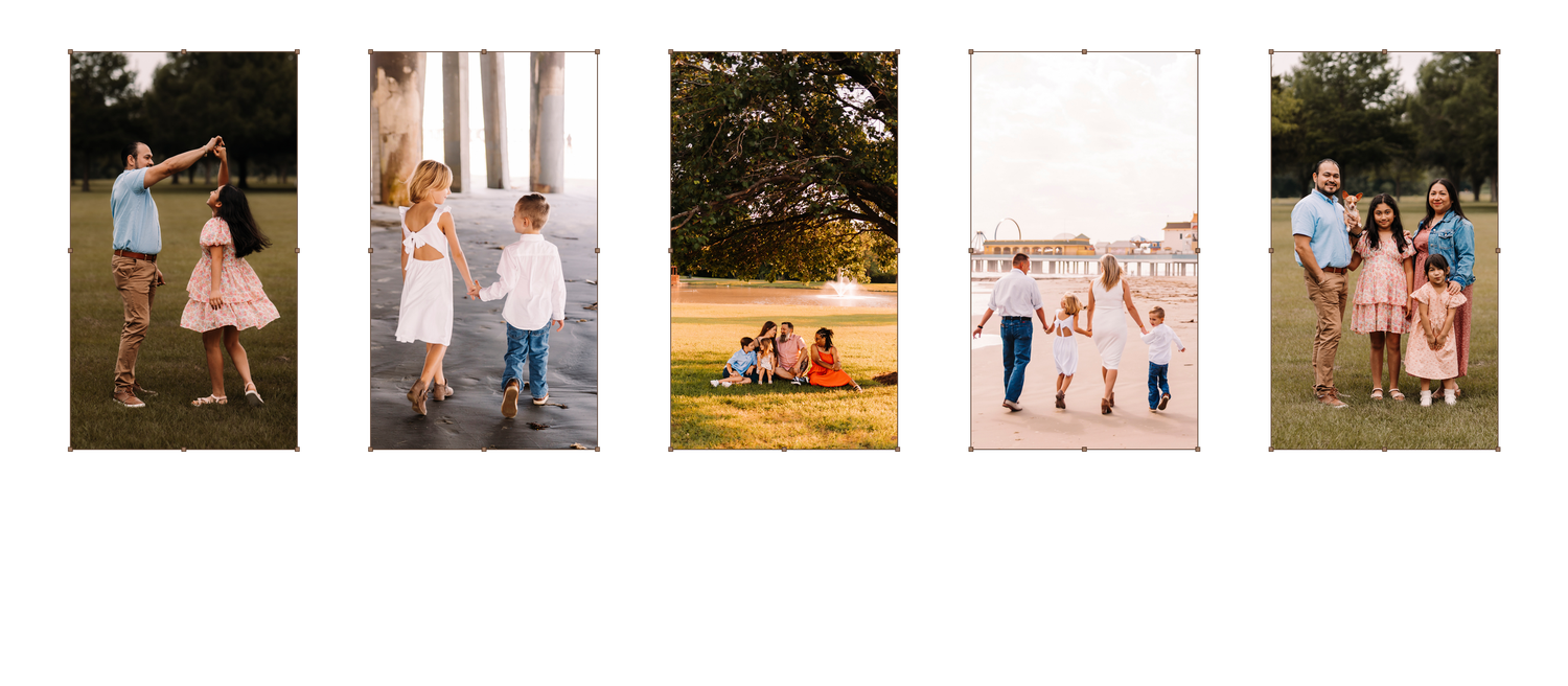 Family photo session featuring five outdoor portraits of families with children in coordinated outfits at scenic locations.