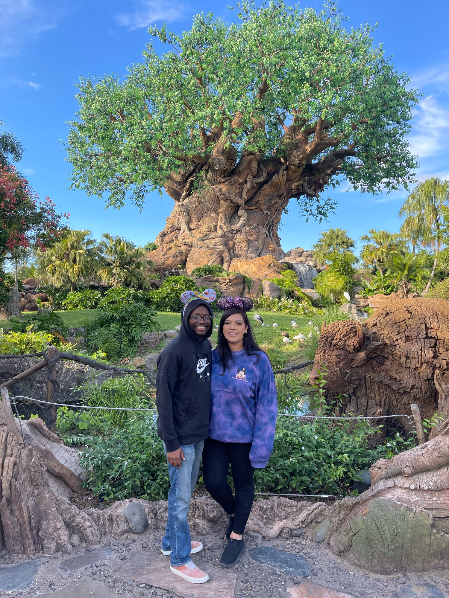 Couple posing in front of the iconic Tree of Life at Disney's Animal Kingdom theme park in Orlando, Florida.