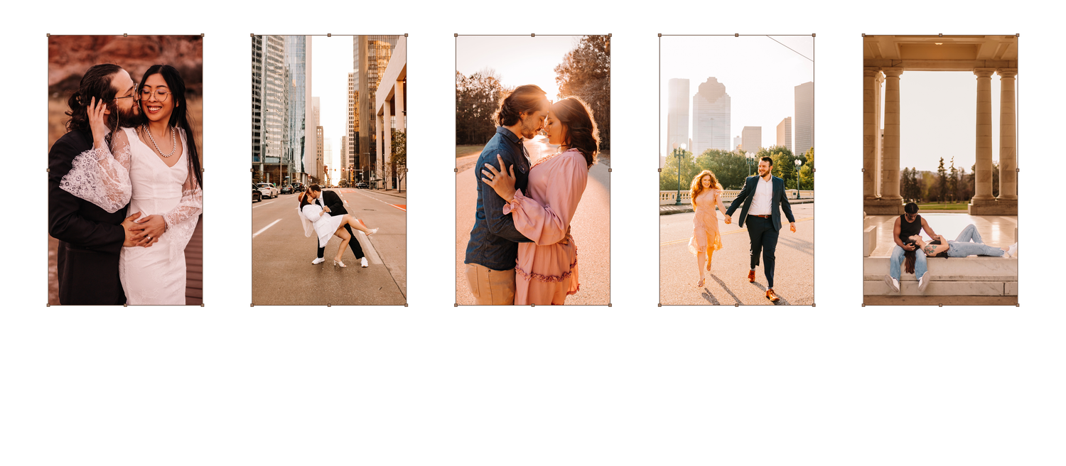 Five romantic couple engagement photos in urban settings, featuring embraces, kisses, and candid moments among city architecture.