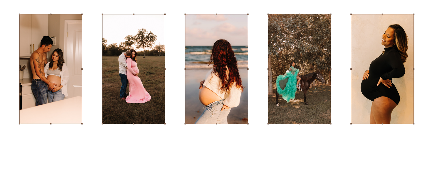 Five maternity photoshoot portraits featuring pregnant women in elegant poses outdoors and indoors in flowing dresses.