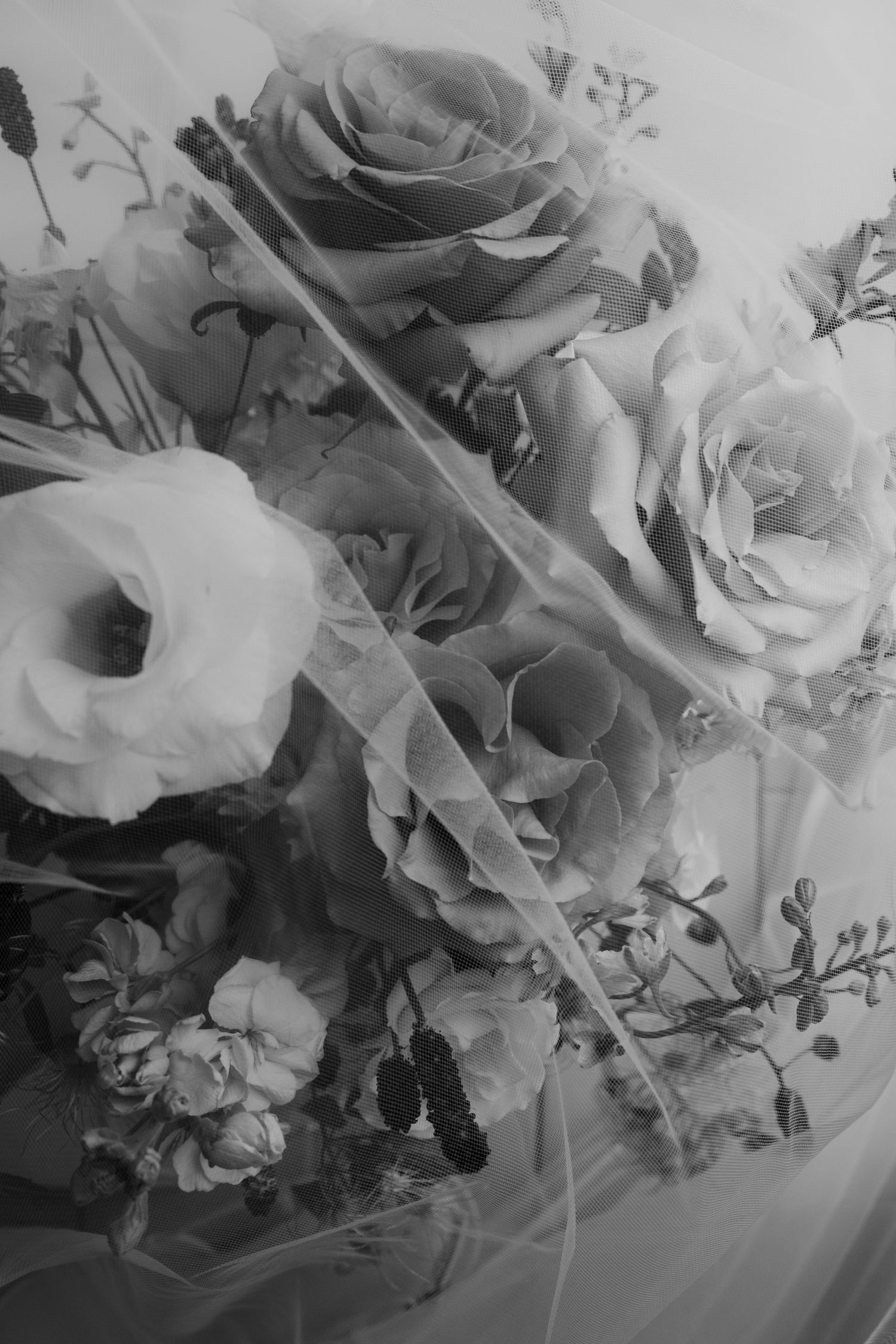 Close-up black and white image of a romantic floral arrangement featuring roses and delicate blooms.