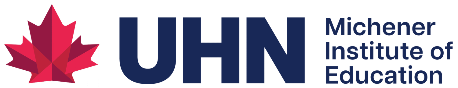 Michener Institute of Education at UHN logo featuring a red maple leaf and blue text on white background.