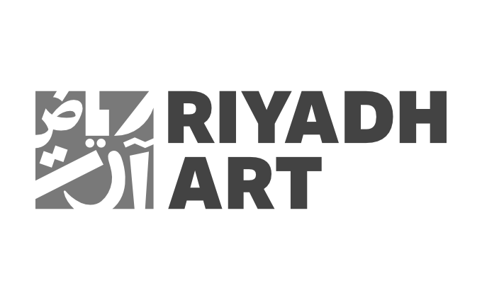 A black and white logo for Riyadh Art featuring modern Arabic and English text design.