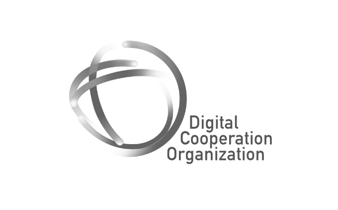 Black and grey logo for Digital Cooperation Organization featuring curved intersecting lines forming a minimalist sphere design.