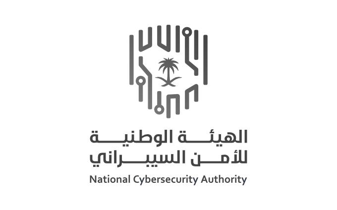 Black and gray minimalist logo design with Arabic text for the National Cybersecurity Authority featuring palm tree symbol.