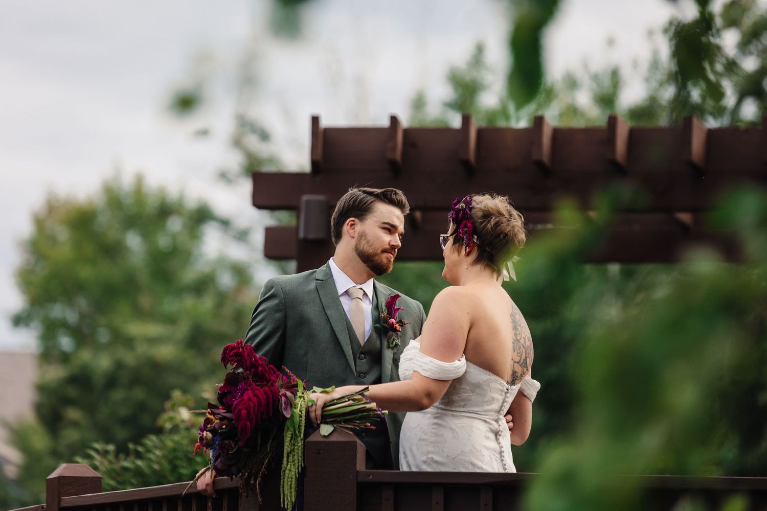 Bride and groom looking at each other