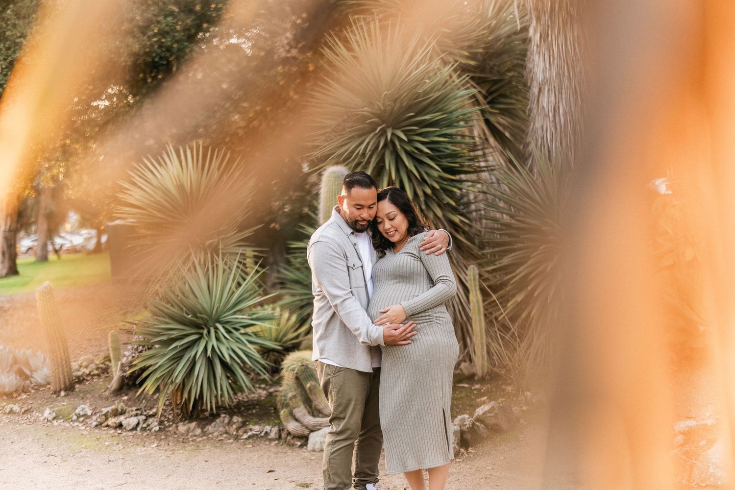 A couple embraces near desert plants on a warm afternoon.