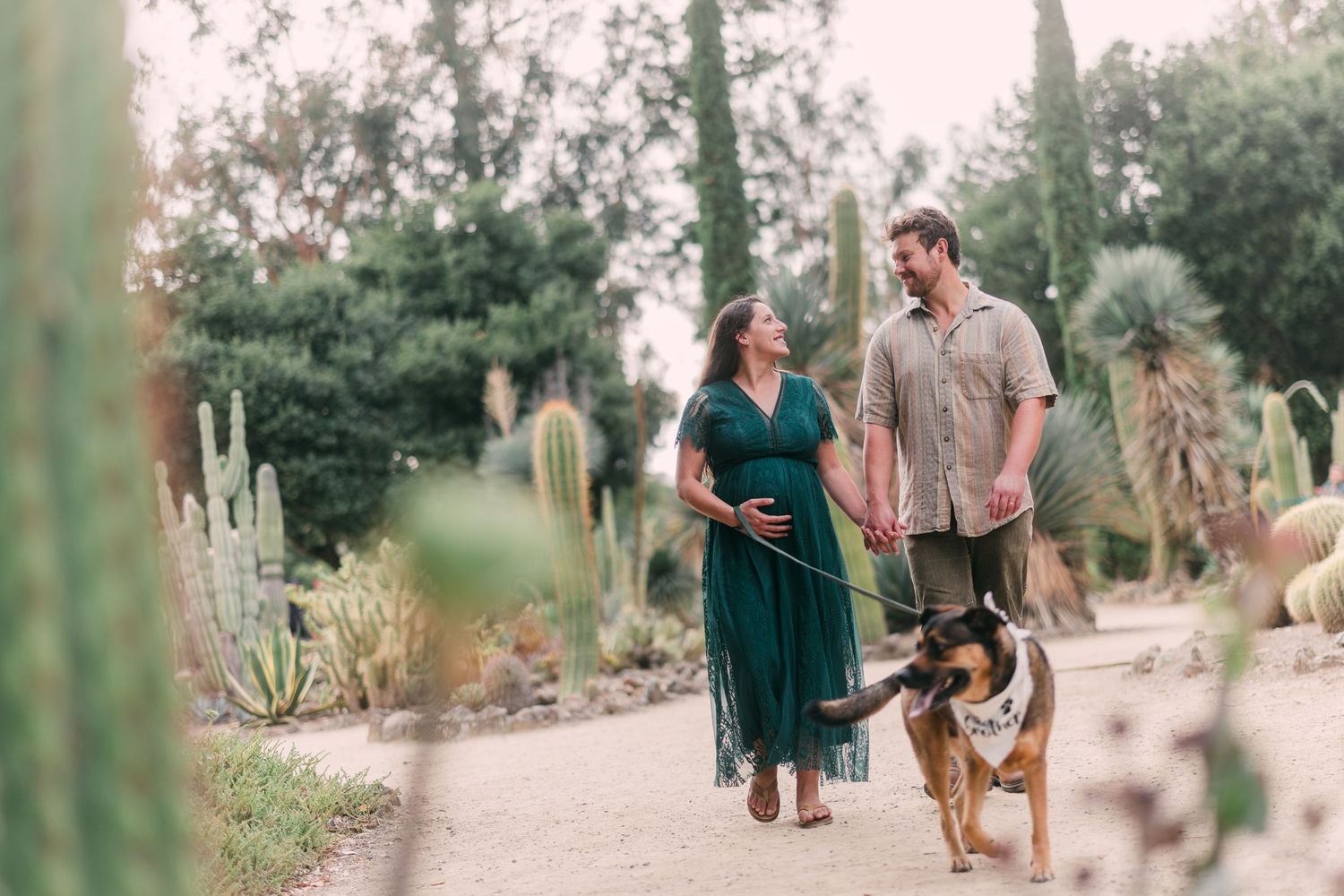 A couple strolls along a garden path with their German Shepherd dog on a sunny afternoon.