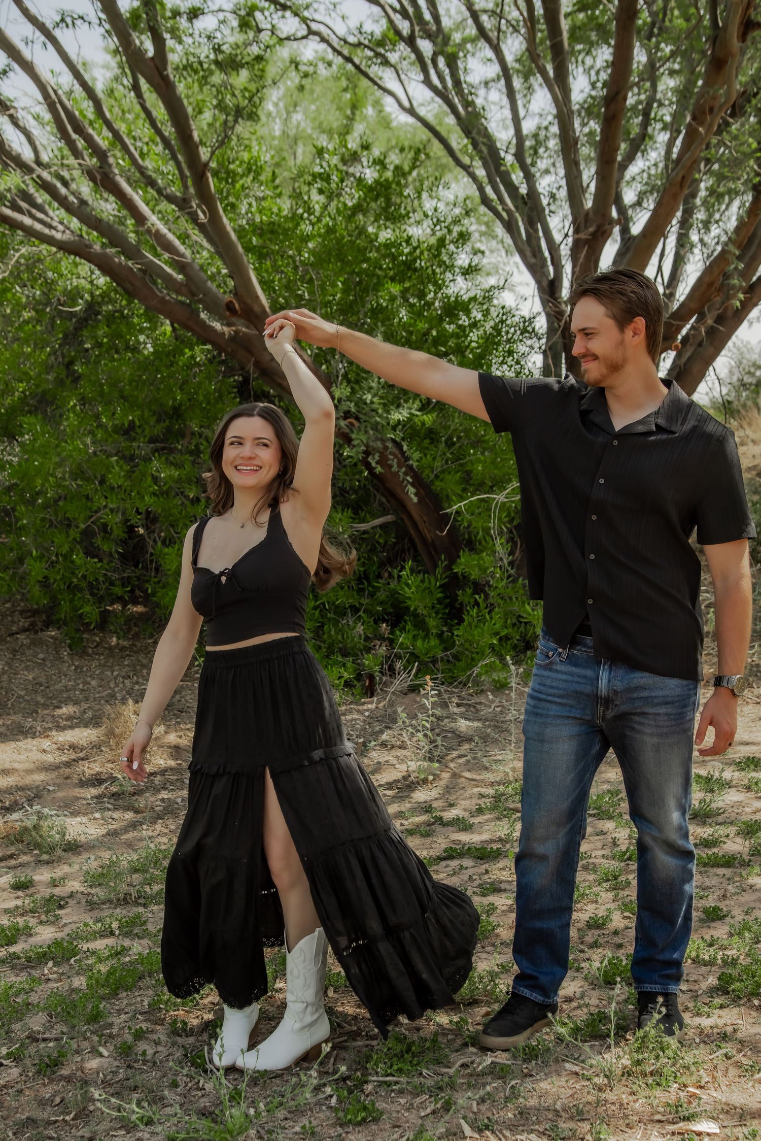 A dance-like photo sequence shows a couple in casual attire posing playfully outdoors.