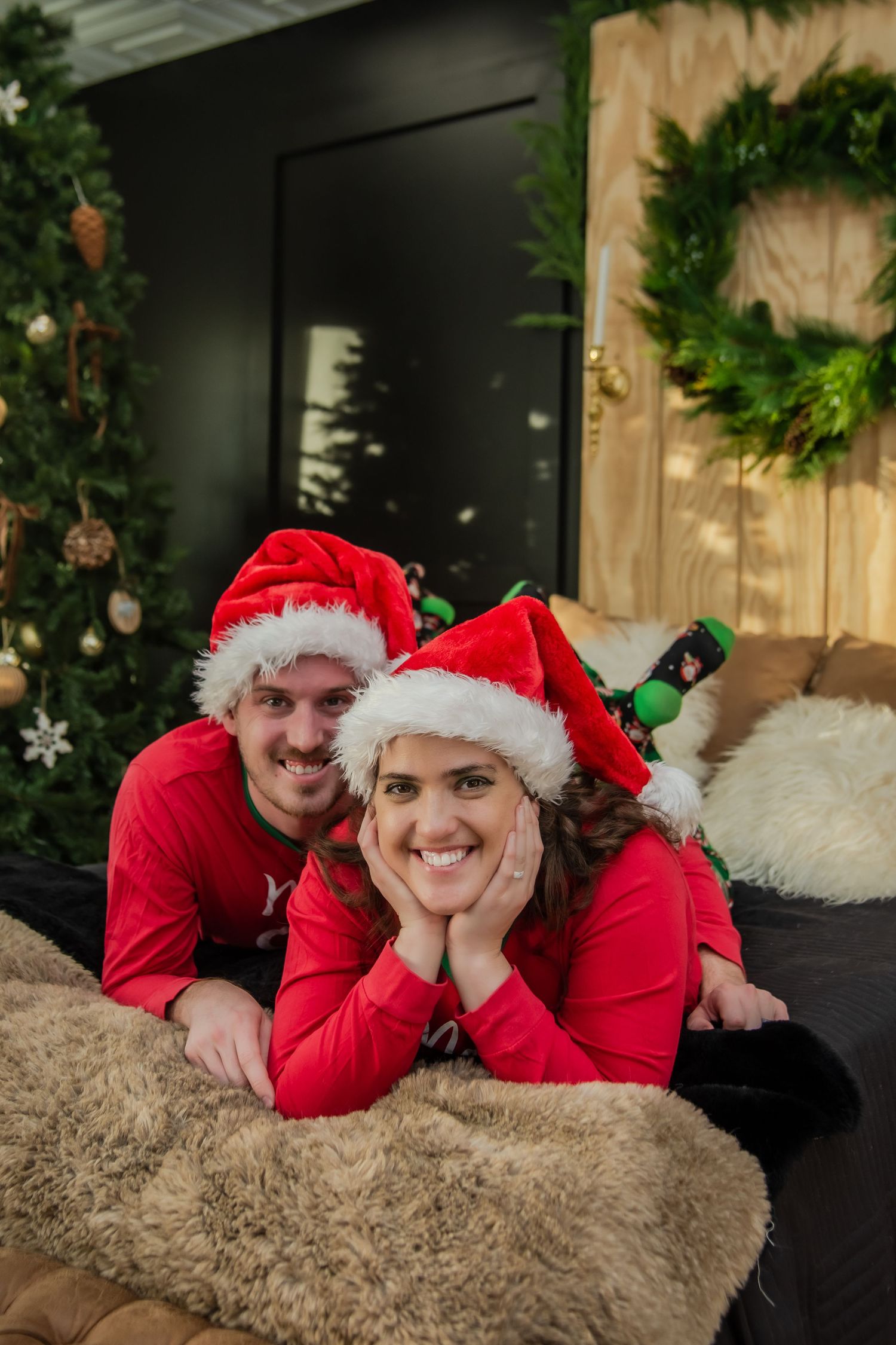 A series of holiday photos showing people in red and green Christmas pajamas posing by a decorated tree.
