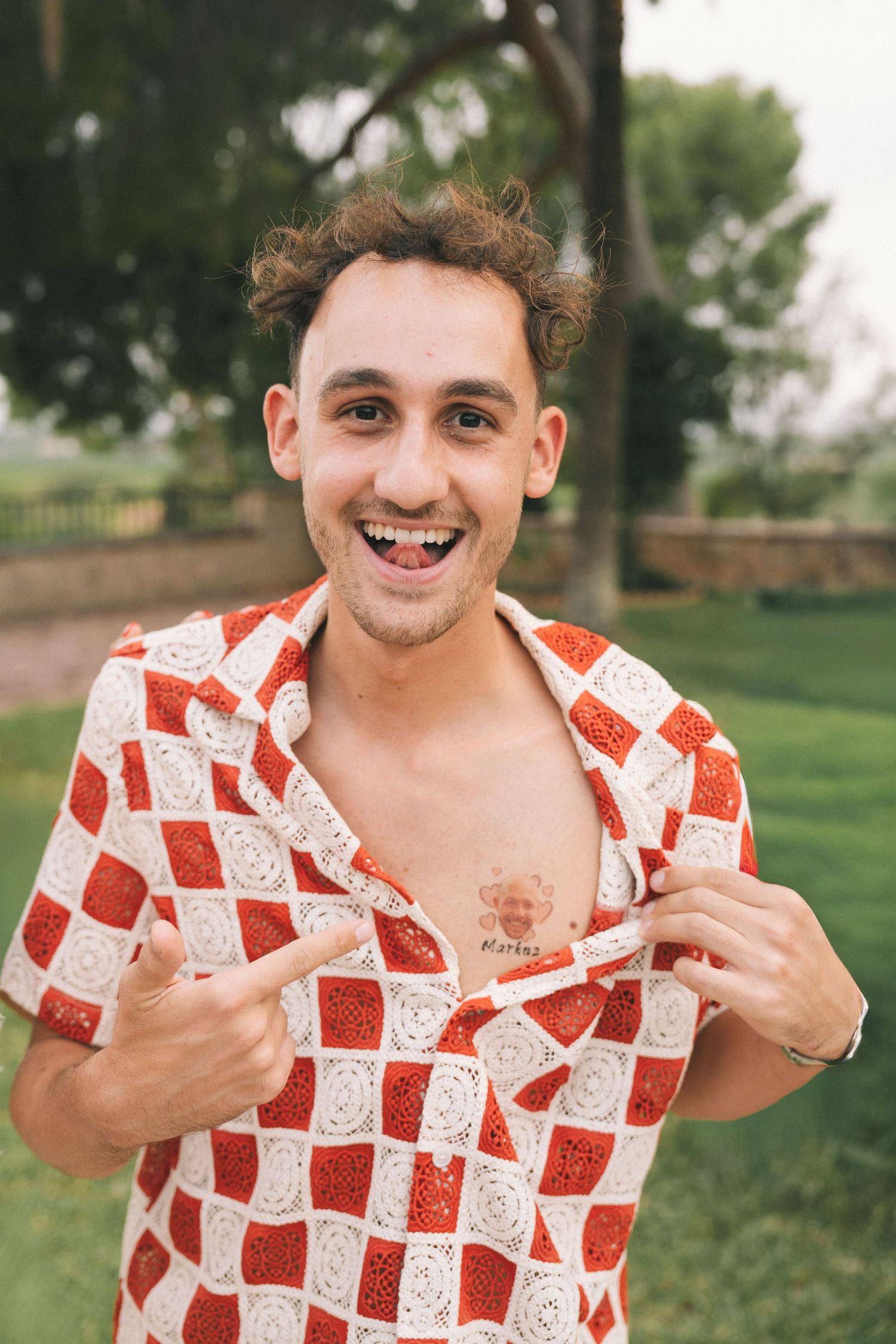 Close-up series showing a red and white checkered shirt against a green outdoor background.