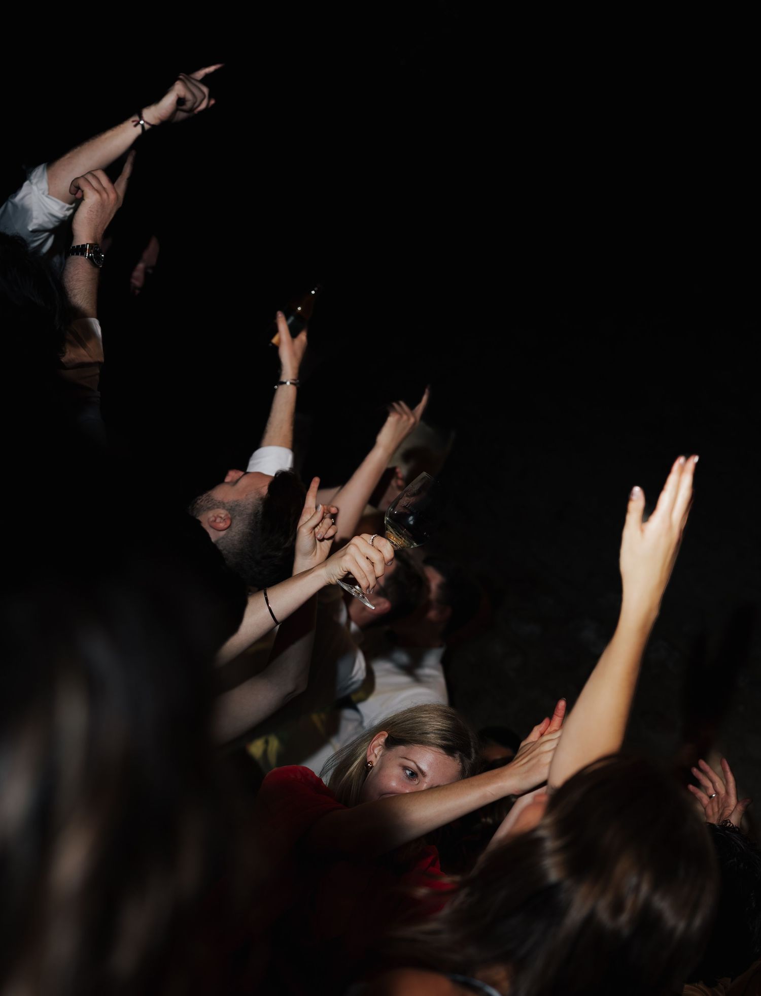 Crowd of party-goers with raised hands dancing in a dark nightclub atmosphere.
