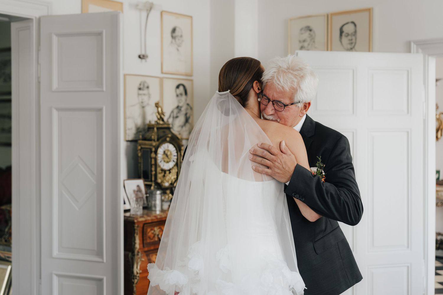 Artistic sequence of wedding preparation moments in a bright white room.