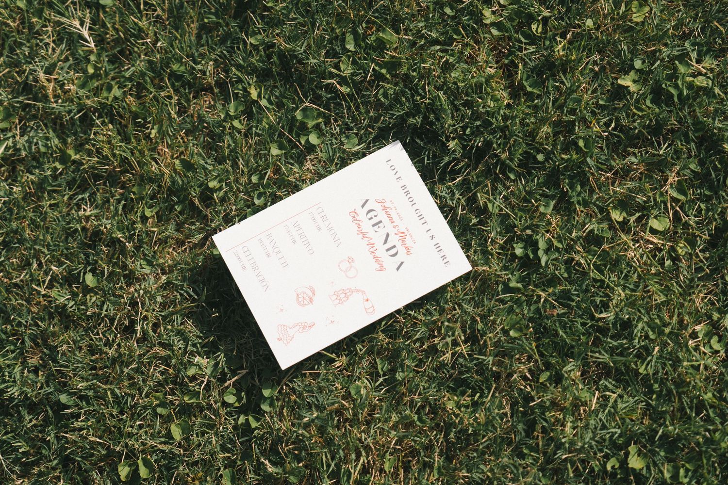 Paper cards scattered on green grass lawn.