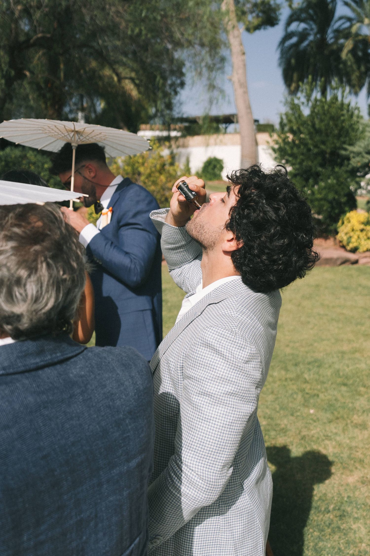 People toasting and drinking champagne outdoors on a sunny day.