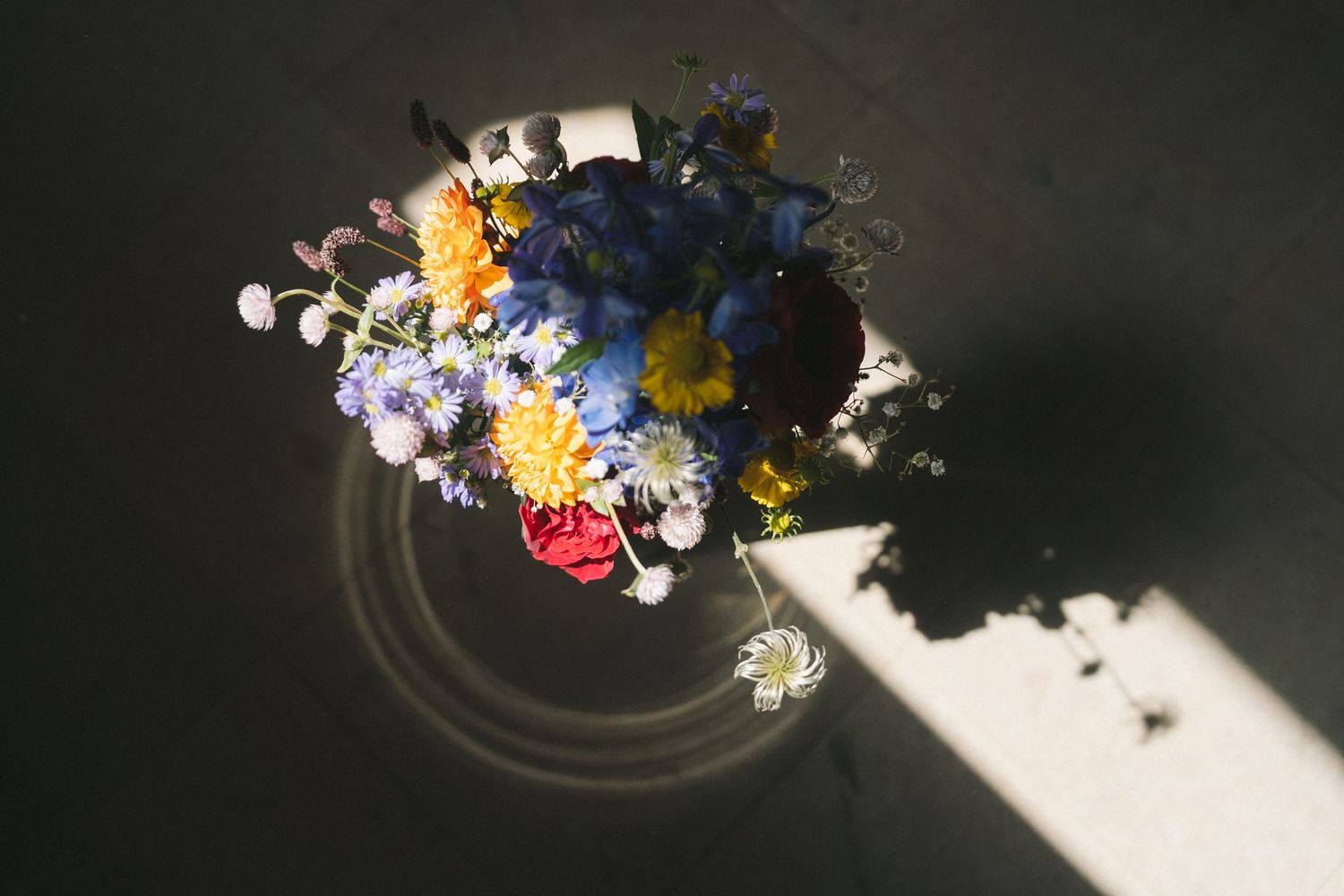 Colorful wedding bouquet with blue and yellow flowers casting shadow in dramatic lighting.