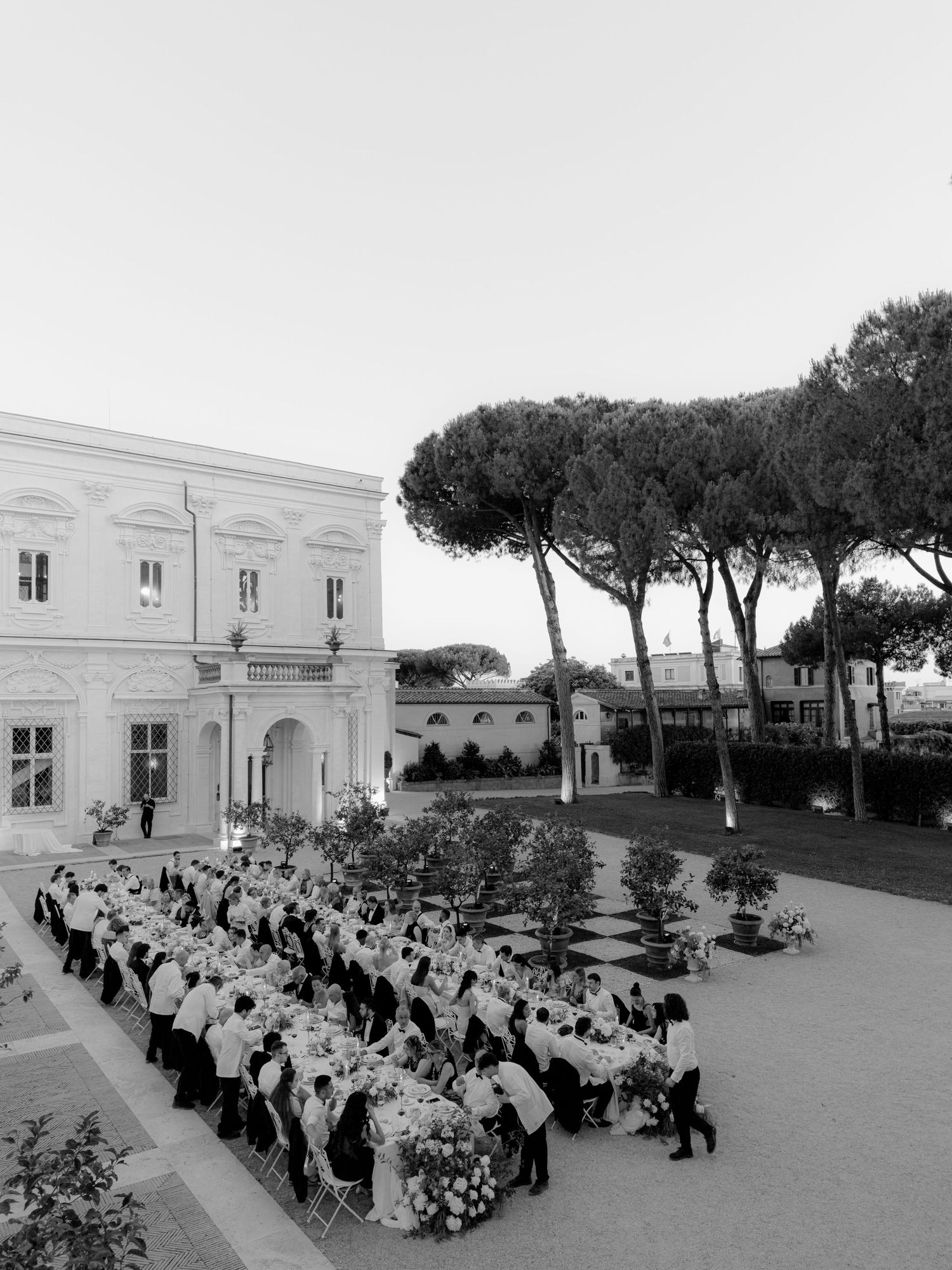 Black and white aerial view of an elegant outdoor wedding reception at a grand Italian villa with tall pine trees.
