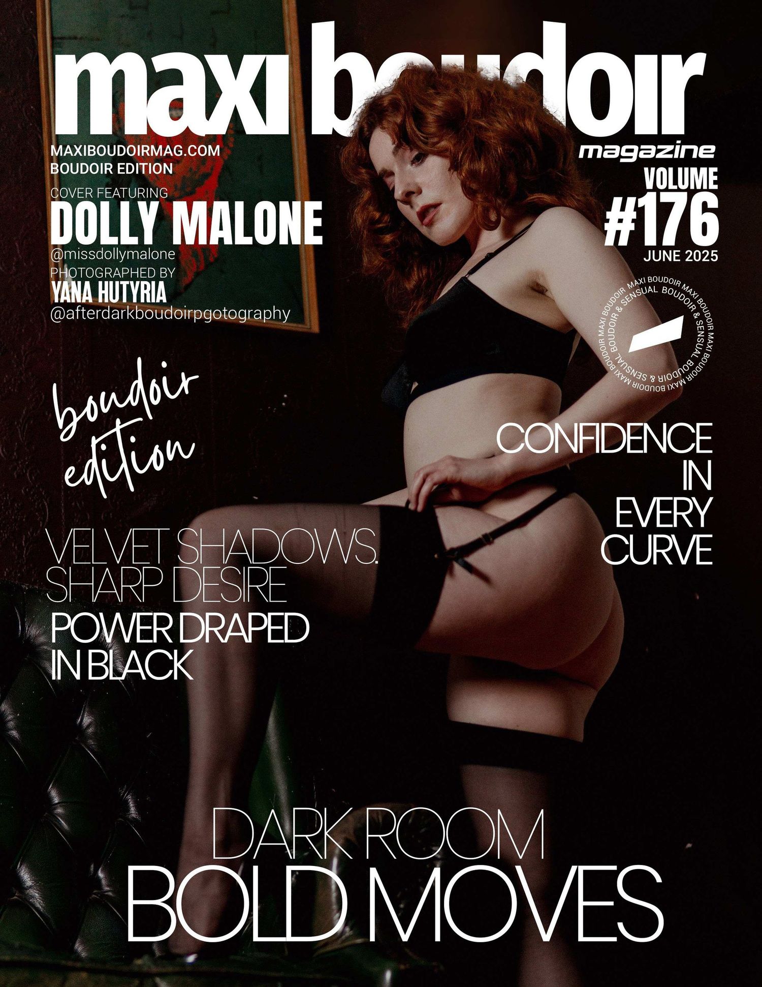 Cover of Maxi Boudoir Magazine, June 2025, featuring model Dolly Malone in black lingerie photographed by Yana Hutyria (After Dark Boudoir)