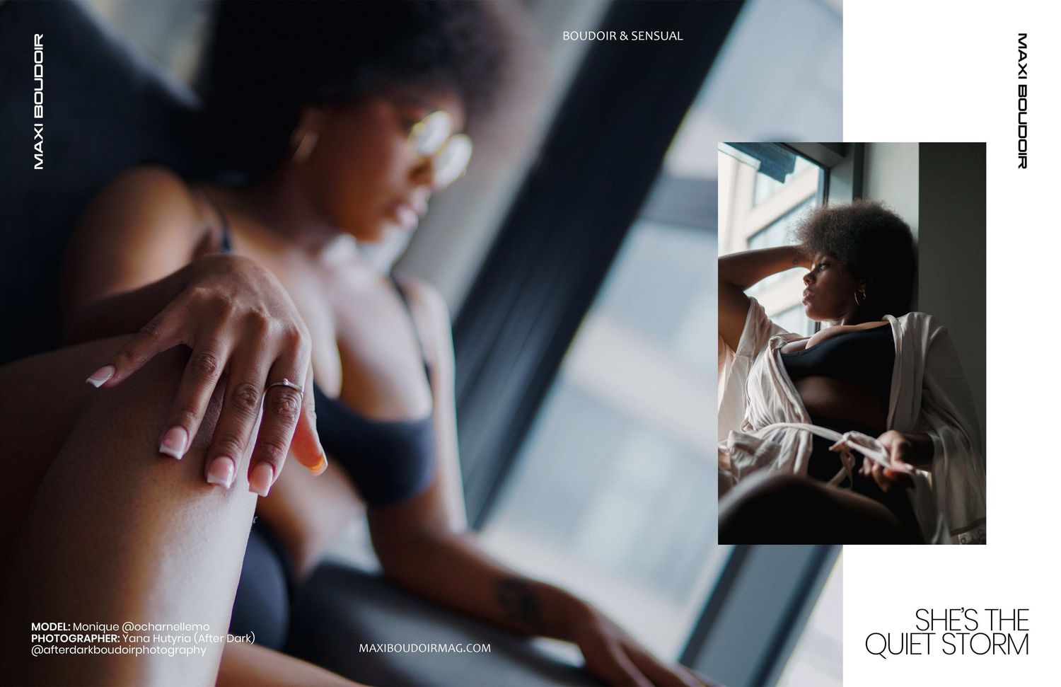 Sensual close-up of Monique in lingerie by the window, photographed by Yana Hutyria for Maxi Boudoir Magazine.