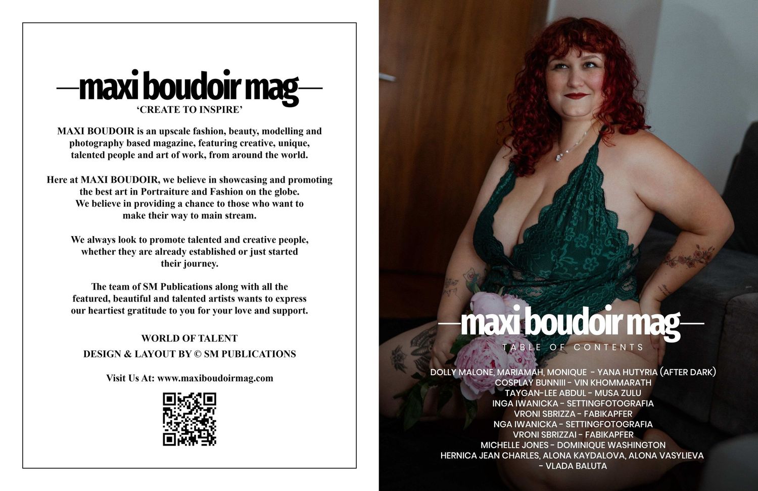 Maxi Boudoir Magazine editorial spread showing the magazine’s mission statement and table of contents