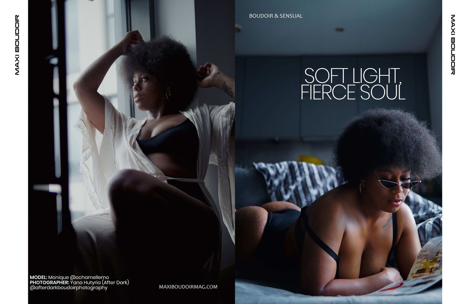 Boudoir editorial featuring Monique in soft natural light, captured by Yana Hutyria for Maxi Boudoir Magazine.