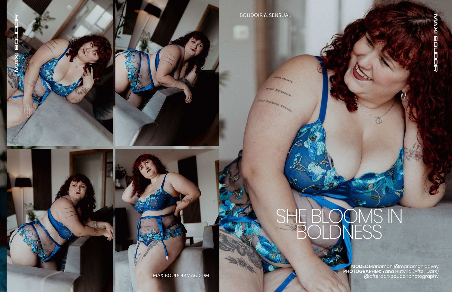 Editorial collage of model Mariamah in blue floral lingerie Photographed by Yana Hutyria for Maxi Boudoir magazine