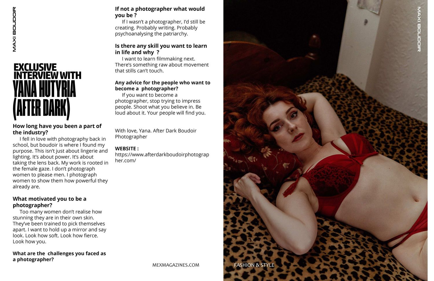 Interview feature with boudoir photographer Yana Hutyria in Maxi Boudoir Magazine. Model Dolly Malone poses in red lingerie