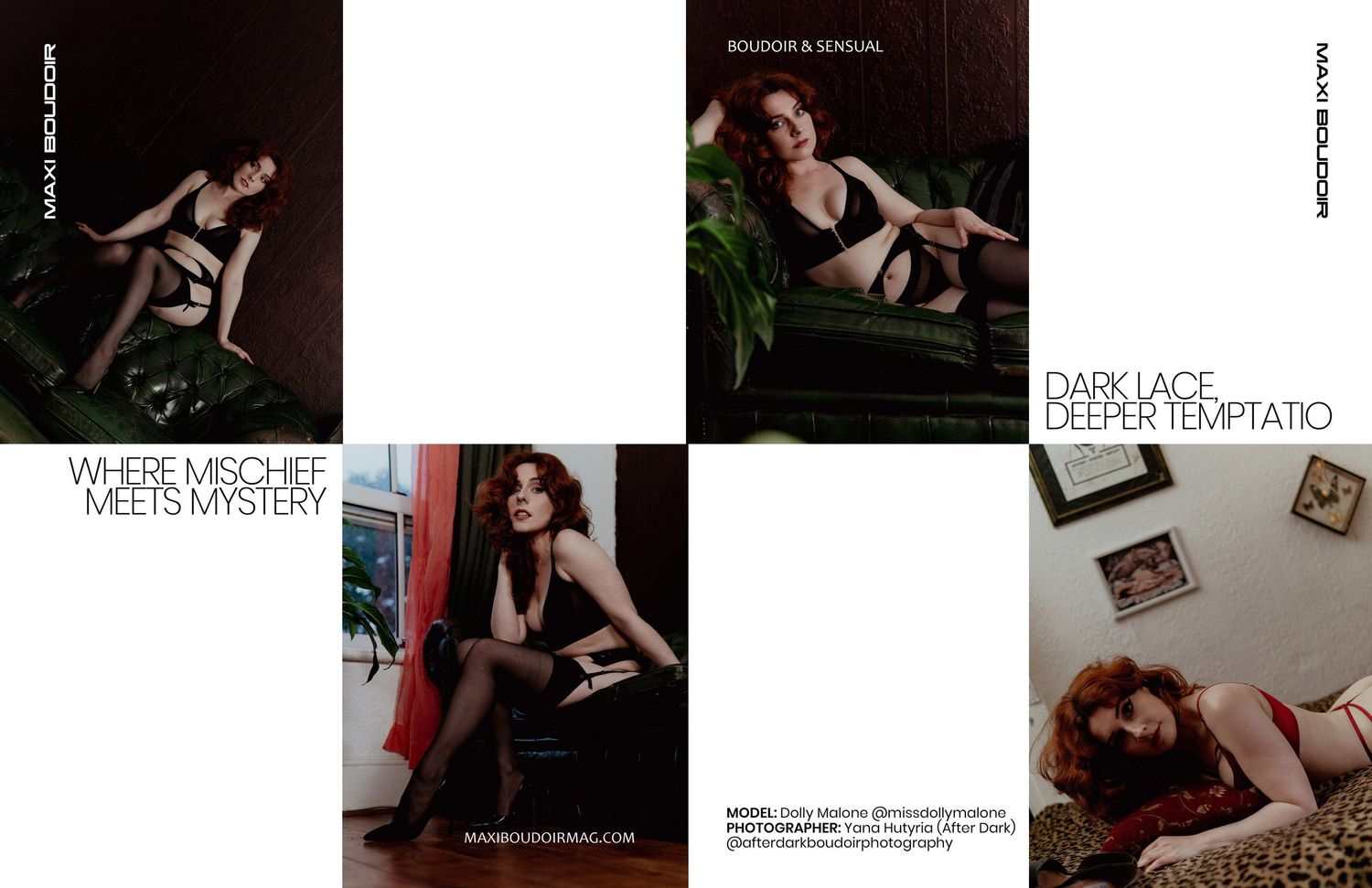 Editorial photo series featuring Dolly Malone in black lingerie, Shot by Yana Hutyria for Maxi Boudoir Magazine