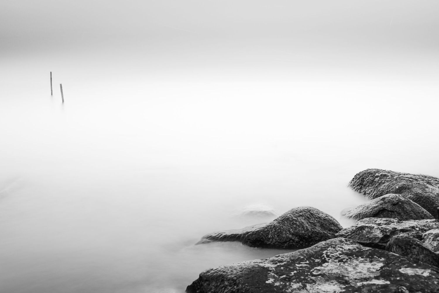 Misty black and white seascape with mossy rocks in foreground and two poles emerging from calm foggy water.