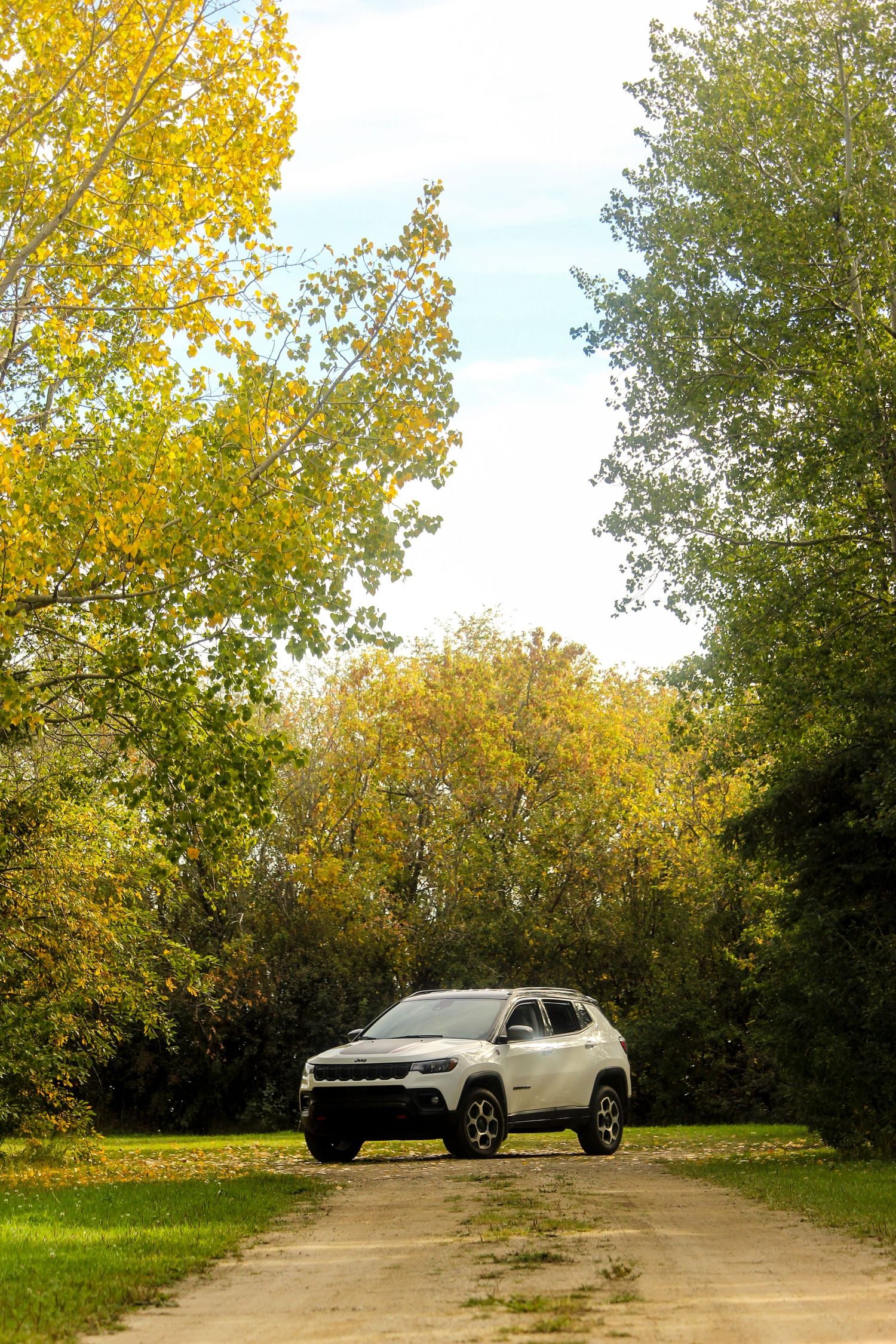 Jeep compass in Fall backroad, Berwyn, AB