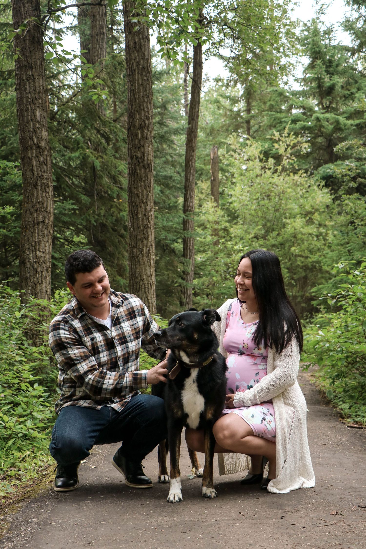 couple in path of Wilderness Park forest with dog, summer