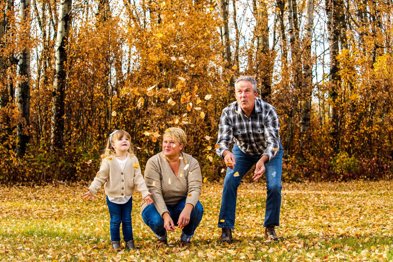 Grandma and grandpa with little girl, fall, throwing leaves into the air near Peace River, AB