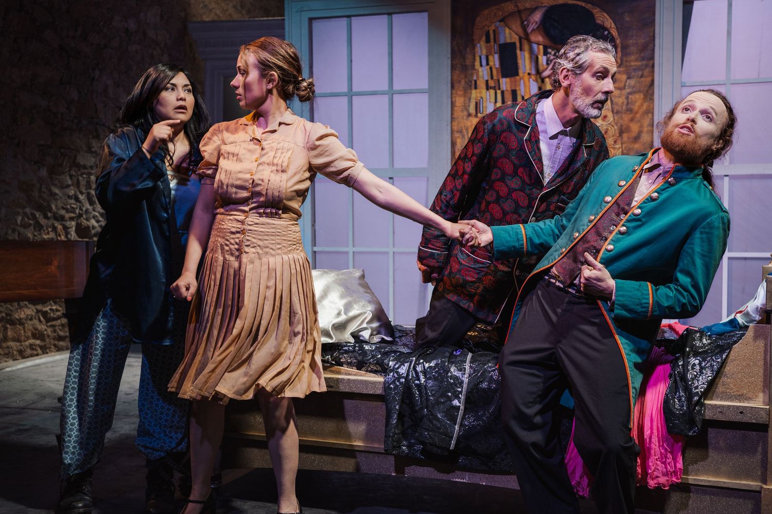 Performers in vintage costumes dancing during theatrical production on stage.
