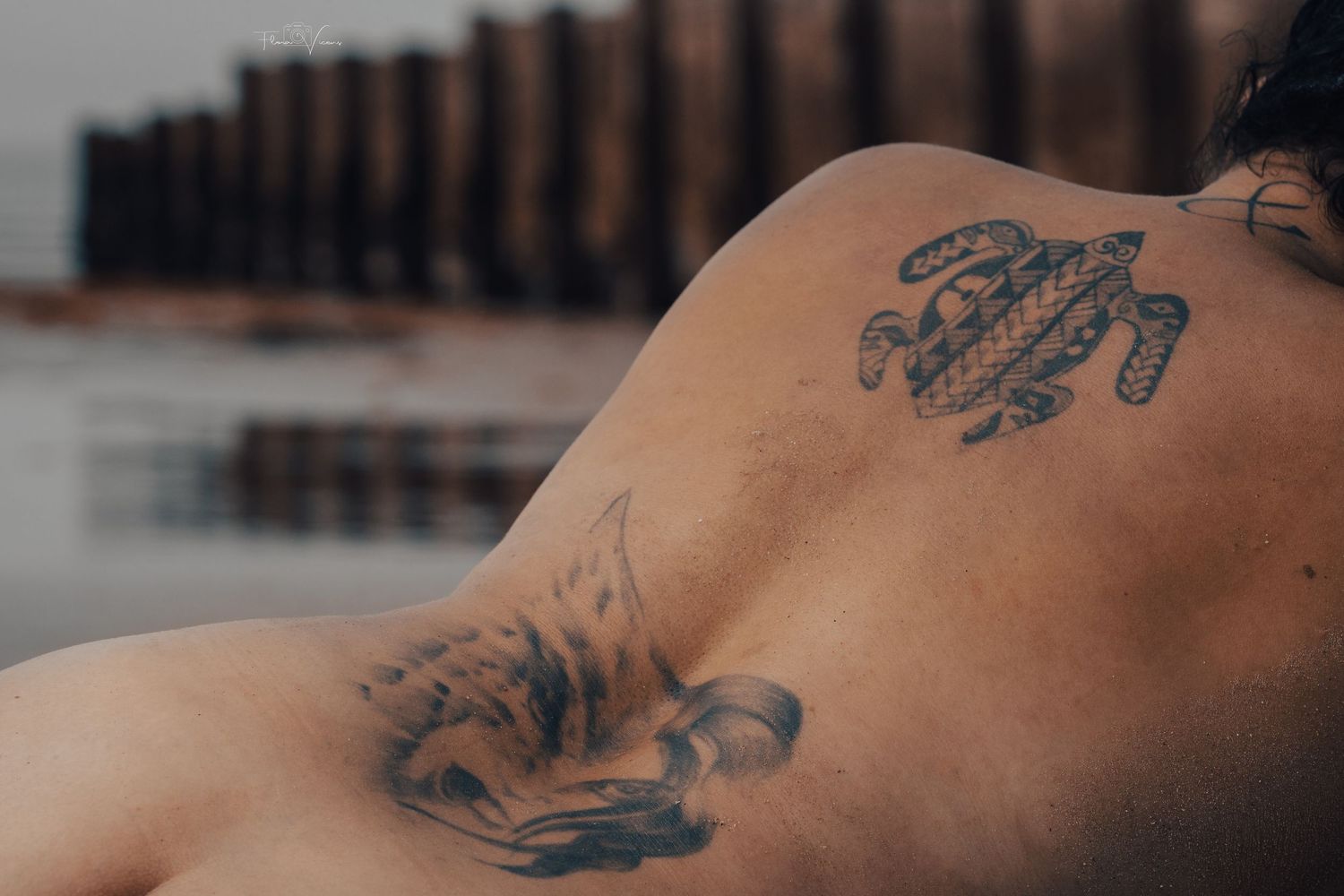Close-up of tattoos on a person's back, featuring a sea turtle and floral designs near the beach.