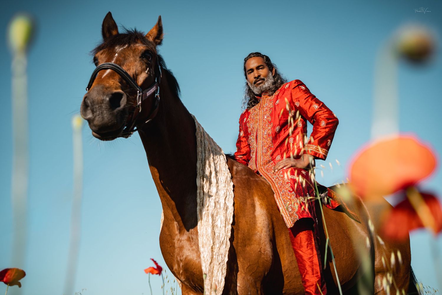 Person in bright orange jacket sits atop a majestic brown and white horse against a blue sky.