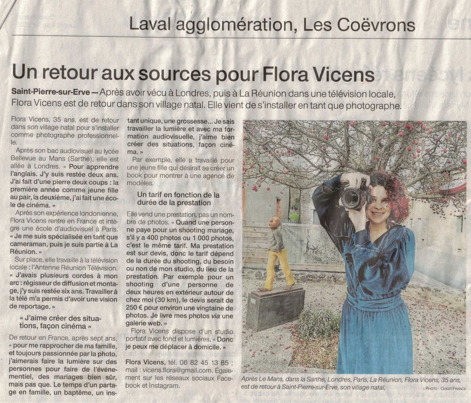 Newspaper article spread featuring photos and text about Flora Vicens in Les Coëvrons region.