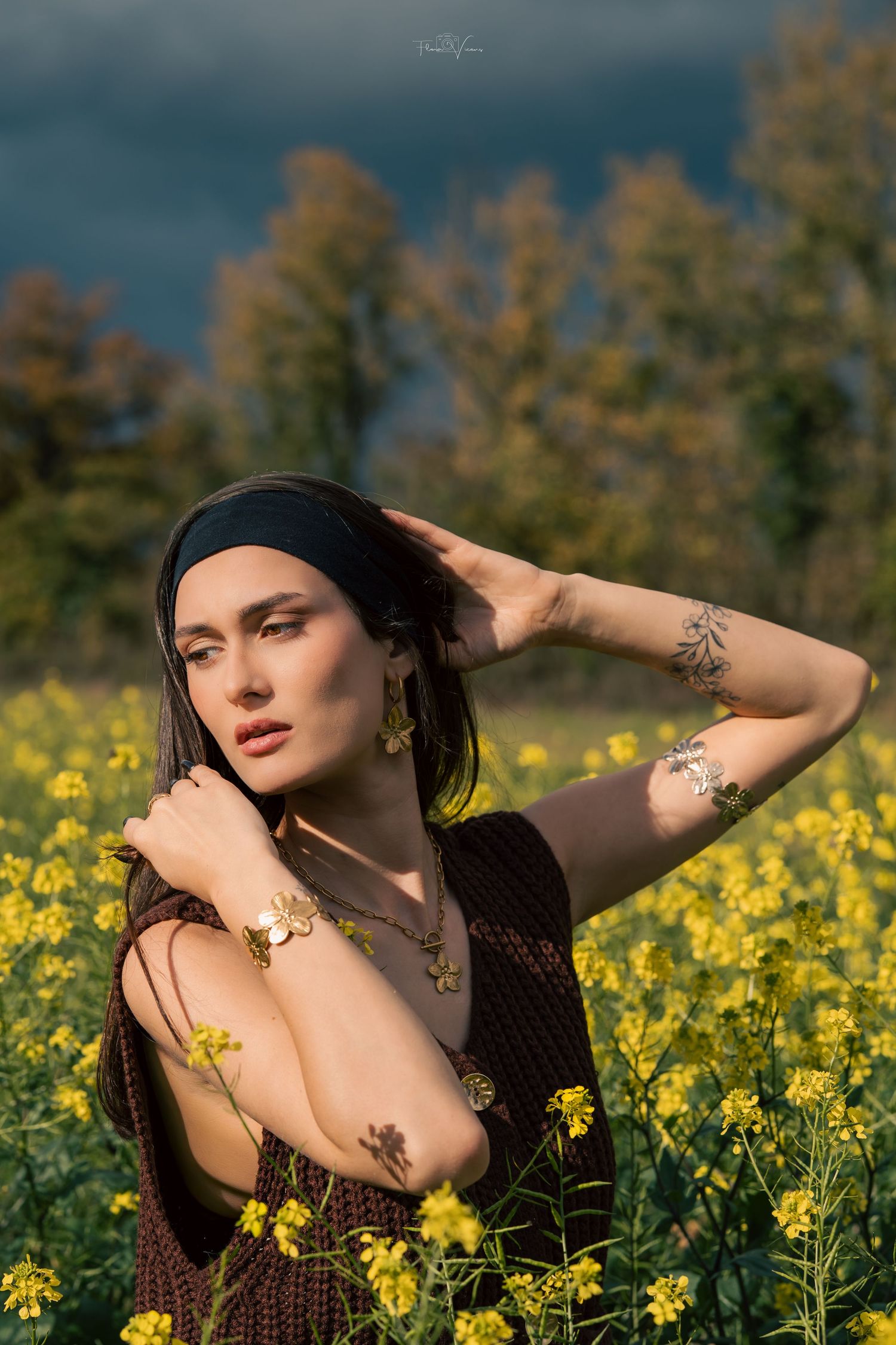 Artistic portrait series in a field of yellow wildflowers during golden hour.