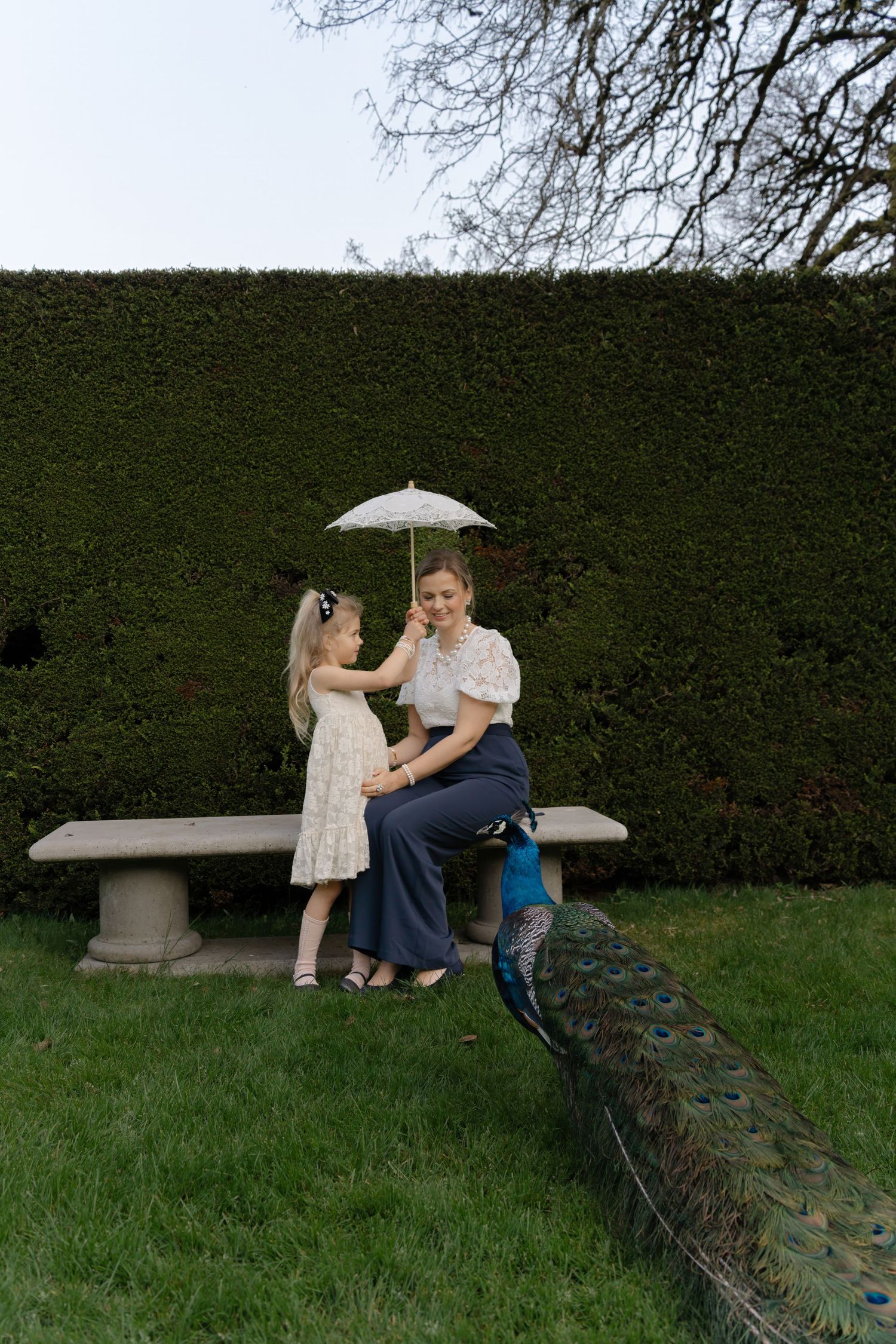 Couple sitting together on a stone bench under trees in a garden setting.