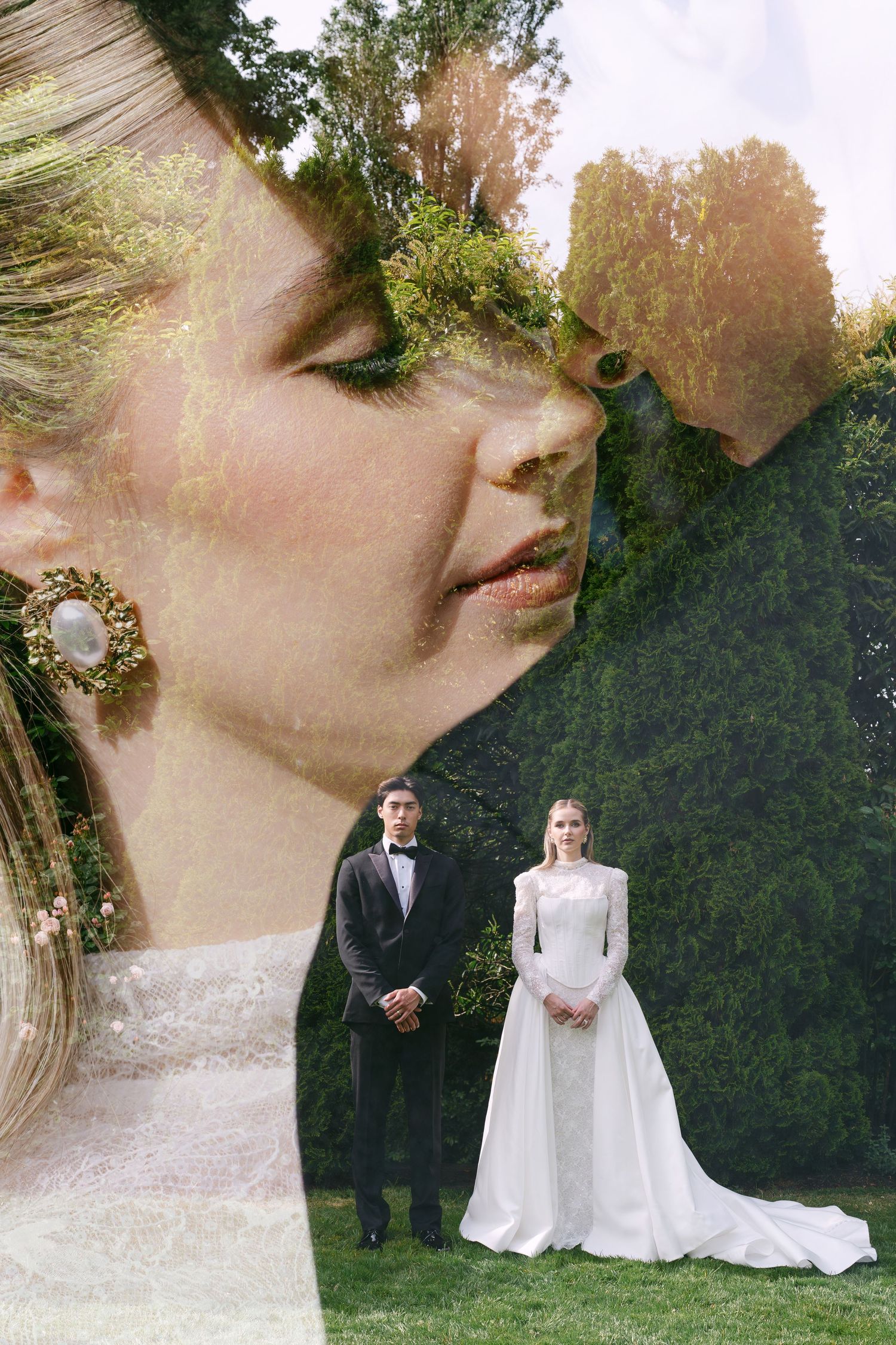 Double exposure wedding portrait blending a close-up bride with couple standing on green lawn in elegant white gown tuxedo. Hycroft Manor