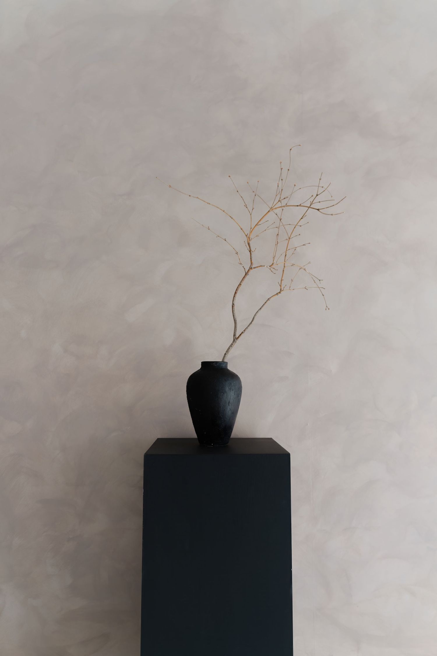 Minimalist black vase with dried branch on dark pedestal against beige wall.