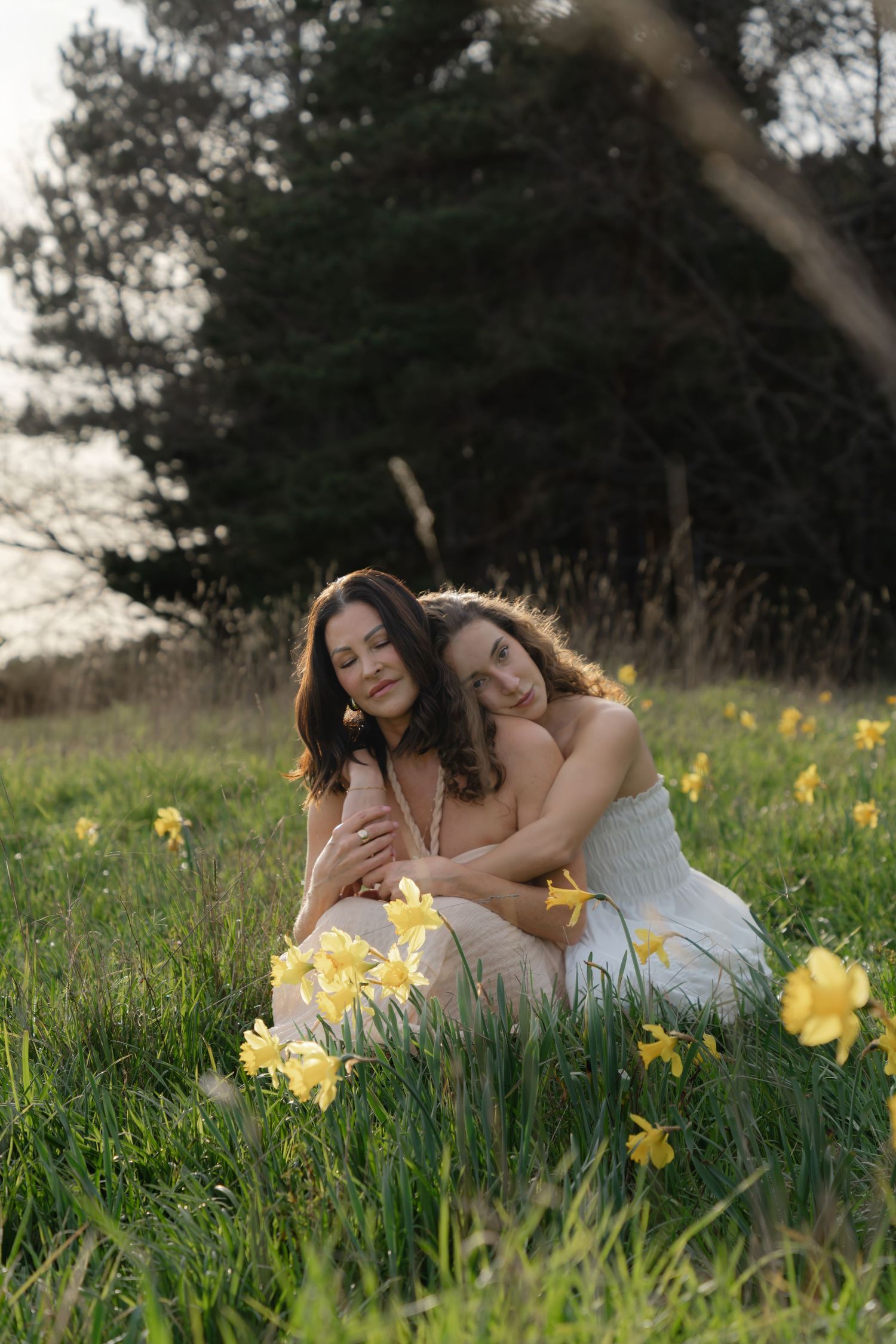 Two people sitting close together among yellow daffodils in a spring meadow at sunset.