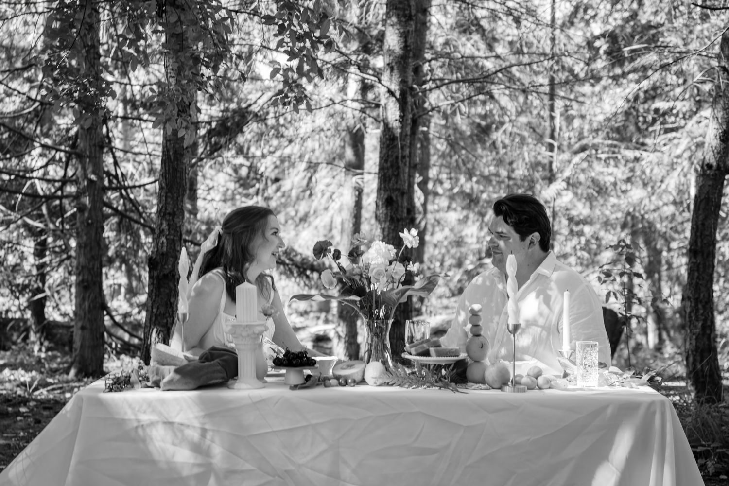 Outdoor wedding ceremony scenes under tree canopy with guests in attendance.
