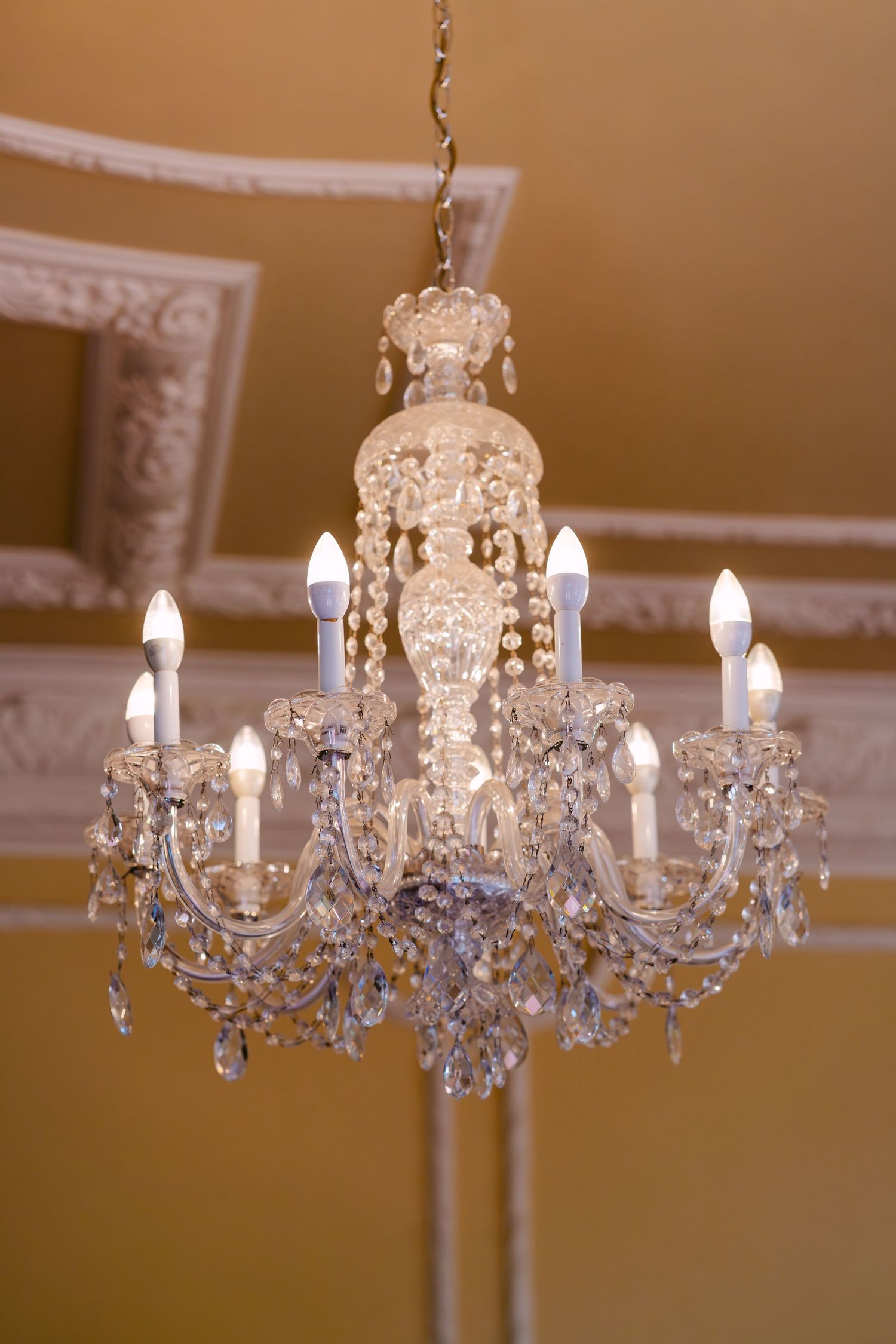 Elegant crystal chandelier with candle-style bulbs hanging from ornate ceiling in a warmly lit room.